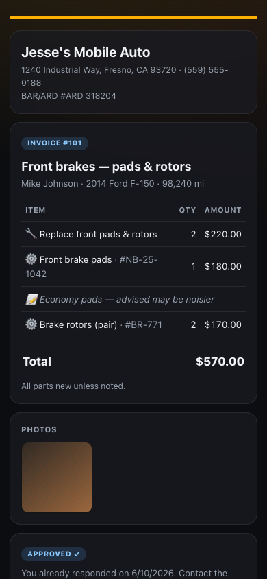 The branded estimate a customer approves from their phone